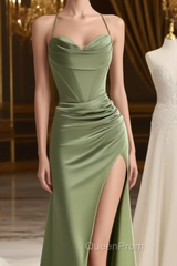 straps mermaid long formal Dresses Evening Prom Dresses with side slit and cowl neck