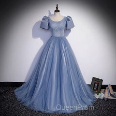 Ball Gown Dusty Blue Evening Prom Dresses with Bubble Sleeves