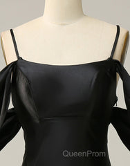 Black Off The Shoulder Criss-Cross Back Long Satin Evening Prom Dresses