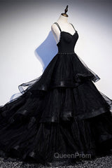 Black Tulle Open Back V Neck Beaded Layered Long Evening Prom Dresses