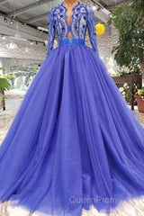 Blue Long Sleeves V Neck Tulle Evening Prom Dresses with Beading