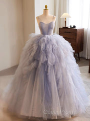 Blue Tulle Long Evening Prom Gown, Blue Tulle Long Sweet 16 Dresses