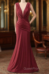 Burgundy Mermaid V-Neck Long Glitter Evening Prom Dresses With Pleating