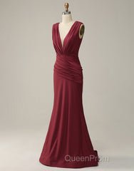 Burgundy Mermaid V-Neck Long Glitter Evening Prom Dresses With Pleating