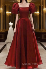 Burgundy A Line Long Evening Prom Dresses with Short Sleeves, New Party Gown