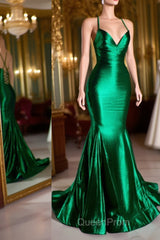 Satin Trumpet V-Neck Spaghetti Straps Evening Prom Evening Dresses For Black Girls
