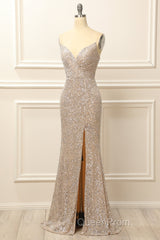 Silver Sequins Long Evening Prom Dresses with Slit