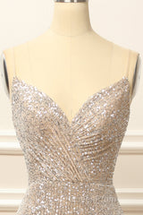 Silver Sequins Long Evening Prom Dresses with Slit