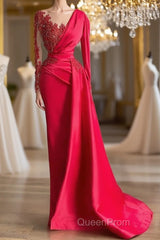 Gorgeous Red Long Sleeve Mermaid Evening Dresses Lace Appliques Evening Prom Gown Ruffles