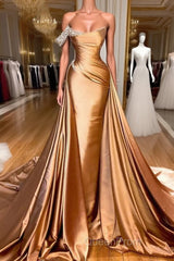 Chic One Shoulder Beaded Mermaid Evening Prom Dresses With Court Train