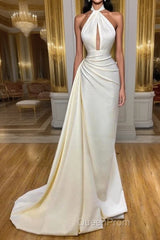 Ivory Halter Long Evening Evening Prom Dresses With Split Detachable Train