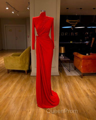 Glamorous High Neck Long Sleeve Red Evening Prom Dresses Long With Split