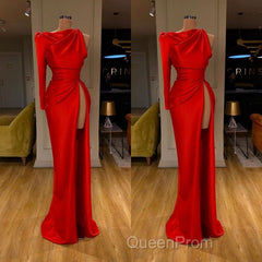 One-shoulder Long sleeves High-split Soft pleated Red Evening Prom Dresses