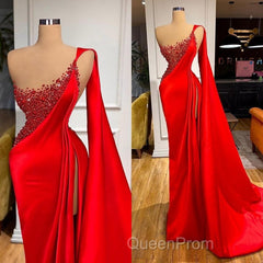 Unique Red Stones Sleeveless High split mermaid Evening Dresses