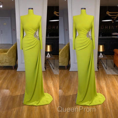 Ginger yellow High-neck Long-sleeves Metallic Beaded Mermaid Evening Prom Dresses