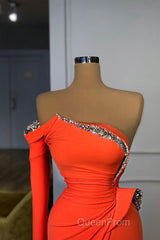 Long sleeves Strapless Orange Sequined Long Evening Prom Dresses