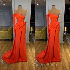 Long sleeves Strapless Orange Sequined Long Evening Prom Dresses