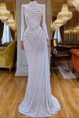 Sparkle White Sequin Long sleeves Pleated Long Evening Prom Dresses