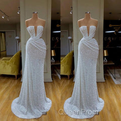 Plunging V-neck Sparkle White Sequined Strapless Evening Prom Dresses