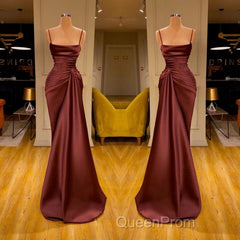 Burgundy Spaghetti-Straps Mermaid Ruffles Evening Prom Dresses Long
