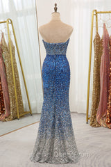 Sparkly Ombre Blue Mermaid Strapless Long Sequin Evening Prom Dresses
