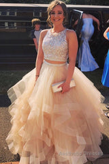 Custom Made Round Neck Two Pieces Sequins Champagne Puffy Two Pieces Champagne Puffy Champagne Prom Dresses