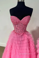 Cute Sweetheart Lace Appliques Tulle Long Evening Prom Dresses