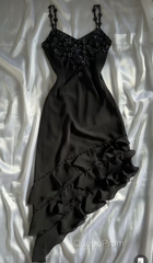 Black Vintage Spaghetti Straps Chiffon Appliques Flower Evening Prom Dresses