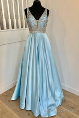 Elegant Light Blue A-line Beaded Long Prom Dress