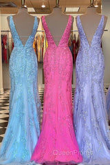 Plunge V Neck Lace Appliques Long Evening Prom Dresses