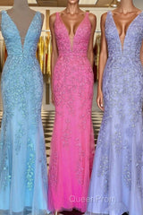 Plunge V Neck Lace Appliques Long Evening Prom Dresses