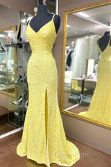 Mermaid Yellow Sequins Long Evening Prom Dresses with Slit