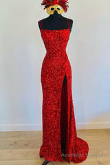 Mermaid Red Sequin Long Prom Dress with Slit