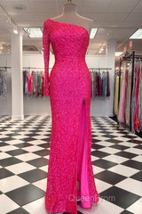 One Shoulder Long Sleeve Mermaid Sequin Long Dresses