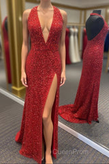 Simply Red Sequin Mermaid Long Evening Prom Dresses with Slit
