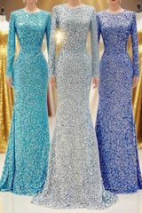 Modest Long Sleeves Sequins Mermaid Formal Dresses
