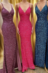 Sparkle Mermaid Sequin Long Evening Prom Dresses with Slit