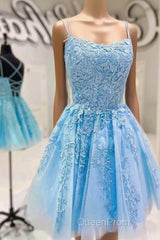 Blue A-line Spaghetti Straps Lace Short Evening Prom Dresses, Homecoming Dresses