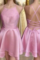 Candy Pink Spaghetti Straps Sleeveless Stain Short Evening Prom Dresses, Homecoming Dresses