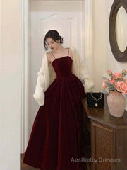 A-line Straps Wine Red Velvet Long Formal Dress, Wine Red Prom Dress
