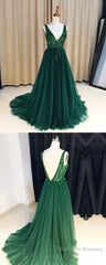 Hunter Green V-neck Long Formal Tulle Low Back Prom Dress