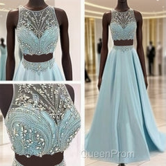 Blue Two Piece Bead Top Ball Gown Evening Prom Dresses