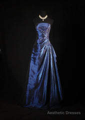 Vintage Ball Gown Strapless Navy Blue Satin Long Prom Dresses Party Dress