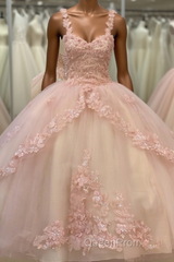 Quinceanera Sweet Tulle Ball Gown 16 Lace Pink Party Flower Sparkly Evening Prom Dresses