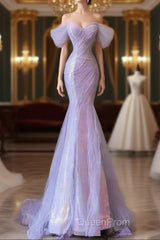 Purple Sweetheart Sequin Beaded Mermaid Long Evening Prom Dresses,Purple Tulle Train Evening Prom Gown