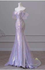 Purple Sweetheart Sequin Beaded Mermaid Long Evening Prom Dresses,Purple Tulle Train Evening Prom Gown