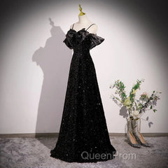 A-Line Off Shoulder Velvet Sequin Long Black Evening Prom Dresses, Black Long Evening Dresses