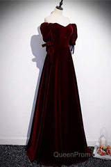 Modest Burgundy Long Evening Prom Dresses with Short Sleeves Vintage Evening Gown
