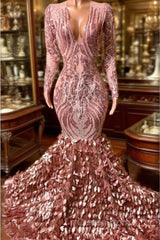 Elegant Long Mermaid V-neck Appliques Lace Evening Prom Dresses with Sleeves