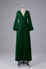 Elegant Long Sleeves V Neck Chiffon Long Bridesmaid Dresses